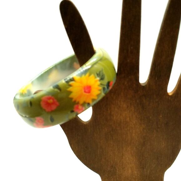 Vintage Chunky Green Orange Red Floral Bangle Bracelet 1" Wide - Picture 7 of 9